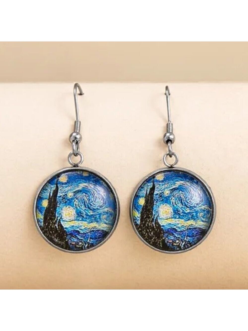 Starry Night Style Art Drop Earrings | Silver Tone Dangle | Round Art Jewelry
